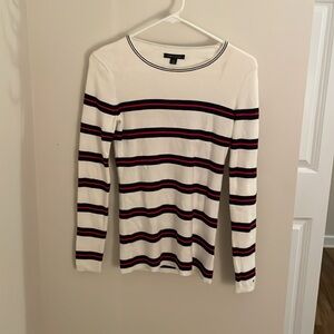 Tommy Hilfiger Women's Ivory Sweater with Navy Stripes with red.  Size SP